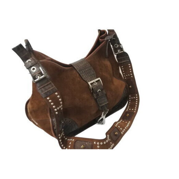 Prada Shoulder Bag Crocodile Ray Cow Tiger Eye Studs Suede Brown - Picture 3 of 8